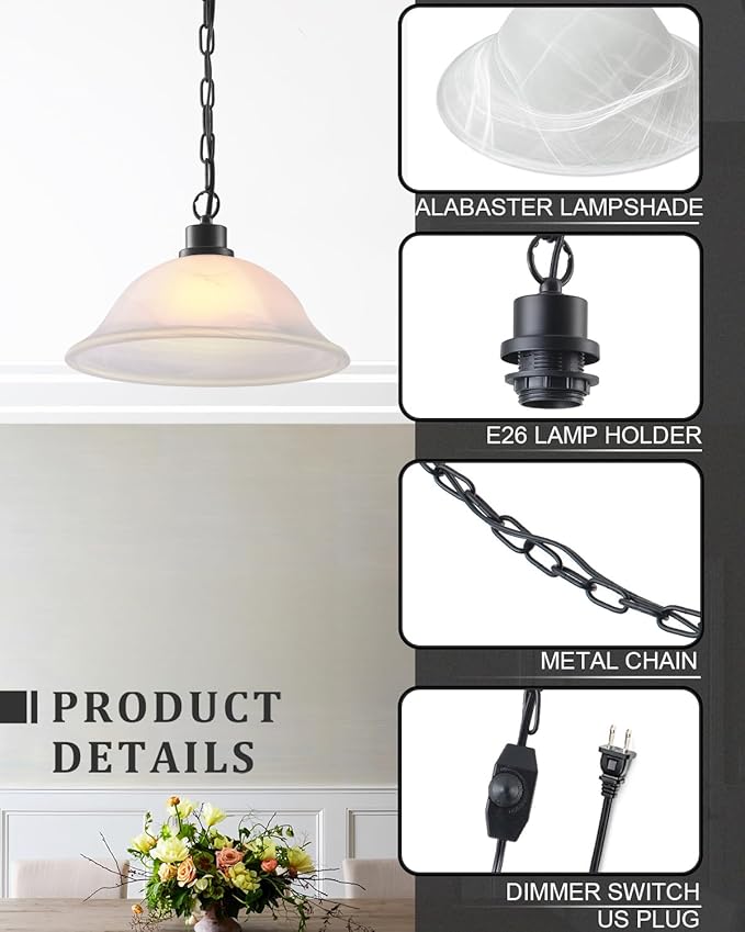 ANYLOVE Vintage Frosted Alabaster Plug in Pendant Light,12" Glass Shade,Black Chain,Adjustable Pendant Light,No Light Source,for Kitchen,Bedroom,Living Room
