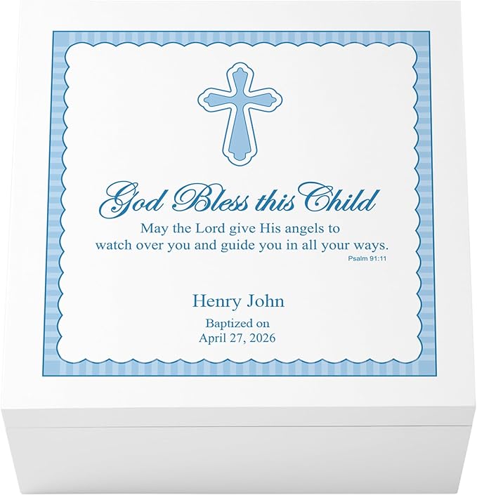 Let's Make Memories Personalized Keepsake Box for Blessed Child - Memories Box - Baptism - Confirmation - Memento Storage - For Boys - 6" Hx12 Sq - God Bless - Blue
