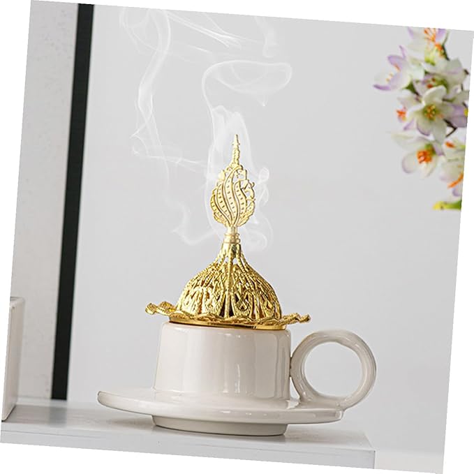 TEHAUX Vintage Ceramic Cone Incense Burner with Metal Handle Minimalist Elegant Decorative Censer Holder for Home Decor Portable Lightweight Aromatherapy Accessory Sophisticated Table