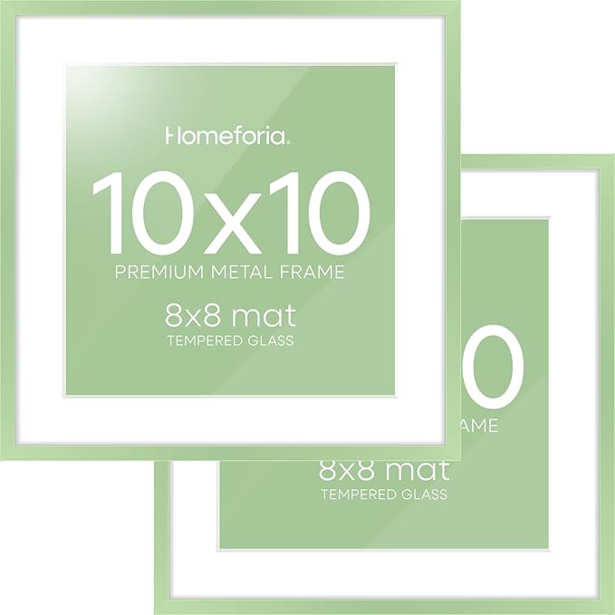 Homeforia 10x10 Picture Frame Sage Green, High End Metal 10 by 10 Square Frames with Mat 8 x 8 Photo, 10by10 Poster Frame Matted to 8x8 Art, Wall or Tabletop Frames, Tempered Glass, Wall Kit, Set of 2