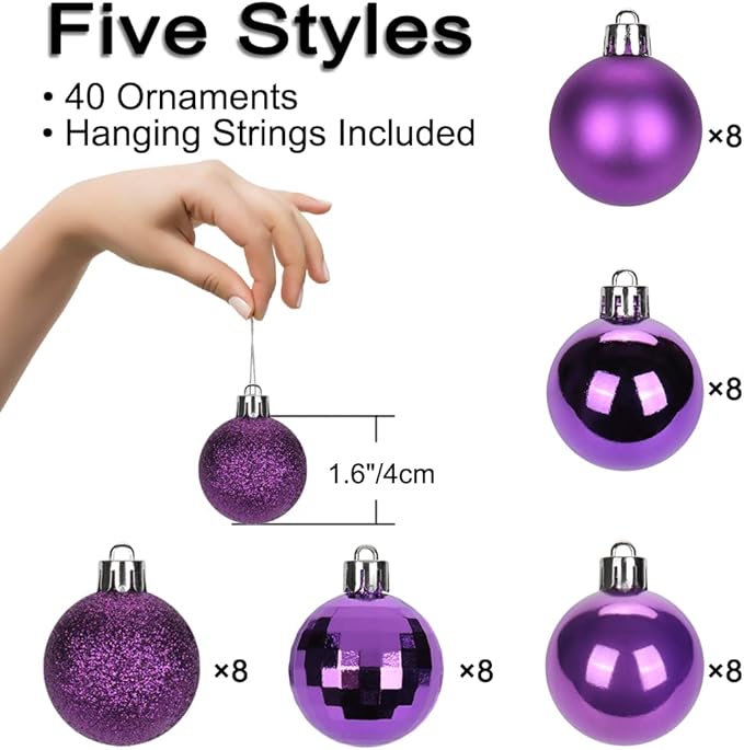 1.57" Purple Christmas Balls Ornaments 40 Pcs Shatterproof Christmas Ornaments Set Halloween Balls Ornaments Dark Purple Ornament for Xmas Tree Holiday Party