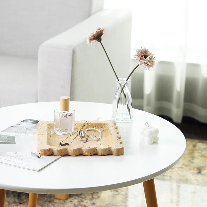 Travertine Scalloped Marble Tray, 7.8in Marble Vanity Tray, Premium Square Jewelry Dish for Perfume Earrings Keys Necklaces, Golden Decorative Tray for Bathroom, Unique Stone Dish, Decor Gift