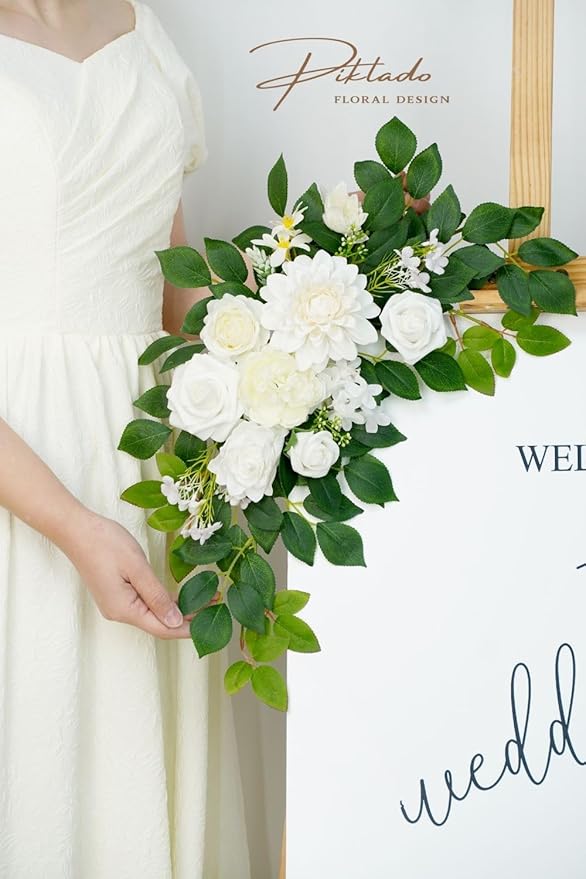 Wedding Decor (Pack of 2) Welcome Sign Flower Backdrop Garland for Ceremony Reception Wall Easel Home Decoration Entryway Faux Outdoor Board Head Table Decor (White)