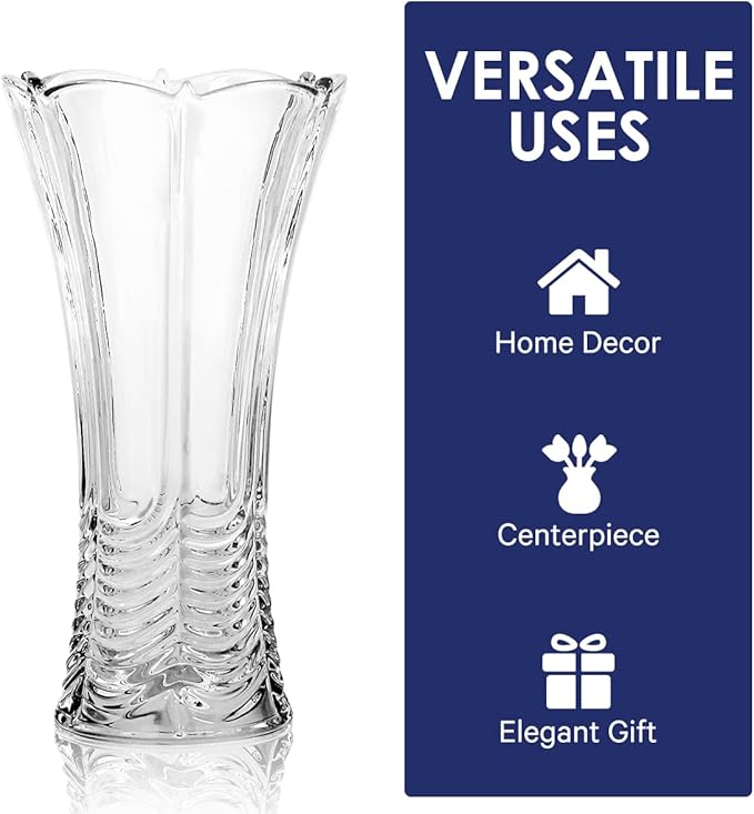 CS Crystal Vase 12-inch high, Water Ripple Design, for Flowers & Decor. Lovely Nice Shiny Piece. Perfect as a Gift, Suitable for All Occasions.