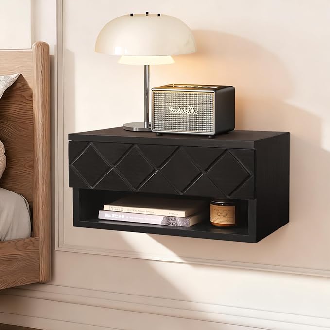 Floating Nightstand, Small Modern Floating Nightstand with Drawer, Floating Shelves for Bedroom, Bathroom Minimalist and Unique Style 16”x 10”x 8”Black