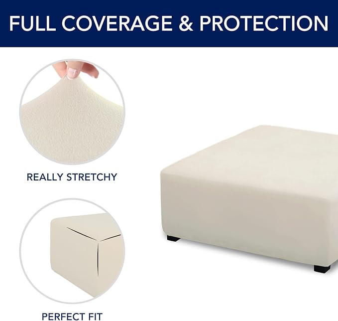 PureFit Super Stretch Form Fit Square Ottoman Cover Rectangle - Ottoman Slipcovers for Foot Stool & Folding Storage Furniture for Living Room with Nonslip Elastic Bottom (Medium-XL, Ivory)