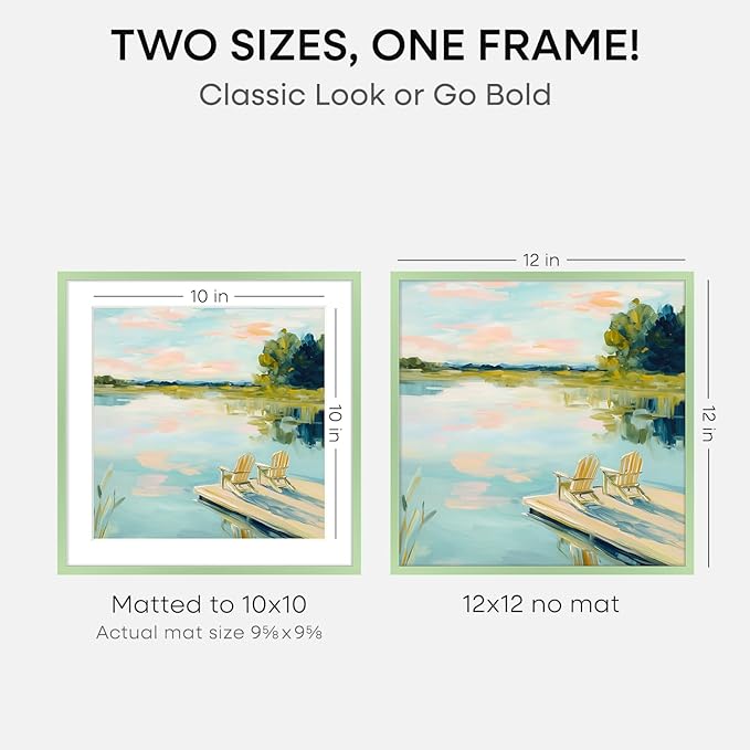 Homeforia 12x12 Picture Frame Sage Green, High End Metal 12 x 12 Square Poster Frame with Mat 10 x 10 Photo, 12x12 Frame Matted to 10x10 Print, 12by12 Hanging Frame, Tempered Glass, Wall Kit, Set of 1