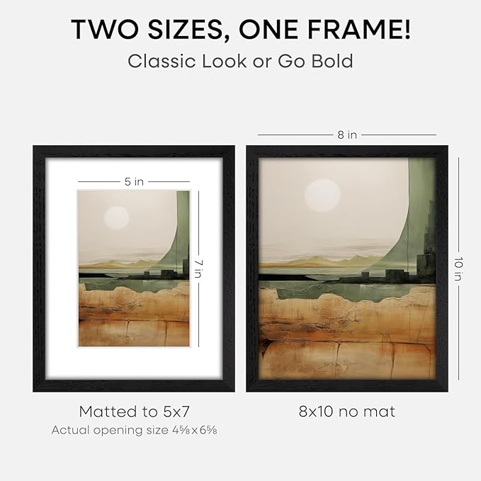 Homeforia 8x10 Picture Frame Black Wood, High End Oak 8 x 10 Wooden Frames with Mat 5 by 7 Print, 8x10 Frame Matted to 5x7 inch Photo, 8by10 Wall or Tabletop Frames, Tempered Glass, Wall Kit, Set of 2