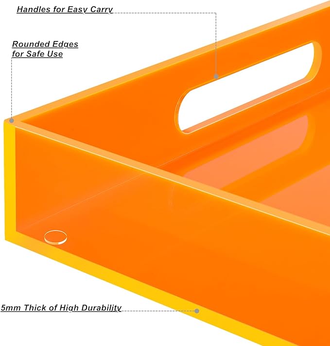 Large Acrylic Tray Ottoman Coffee Table Tray with Handles 17x13'' Decorative Serving Platter for Food Tea Dinner Snack Eating Bar Party, Neon Orange