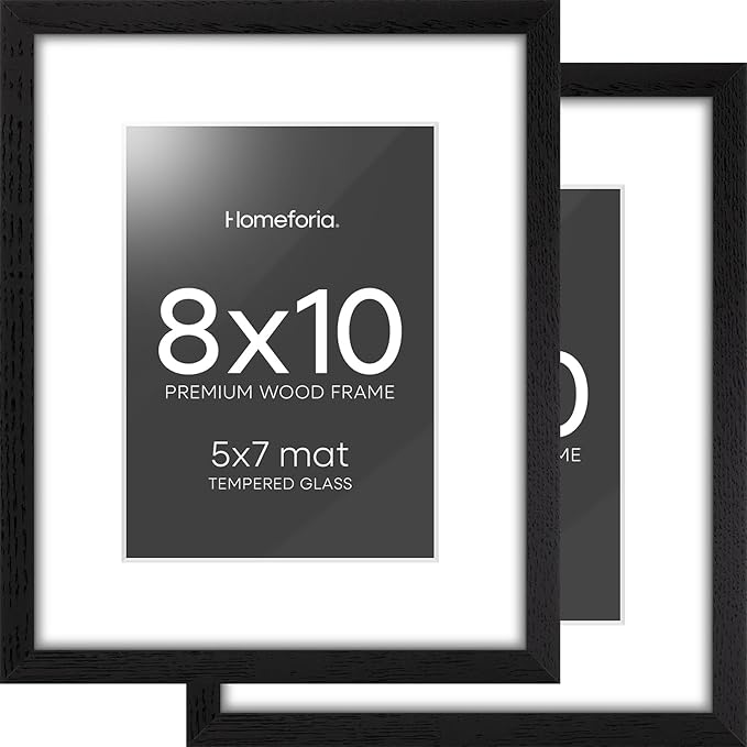 Homeforia 8x10 Picture Frame Black Wood, High End Oak 8 x 10 Wooden Frames with Mat 5 by 7 Print, 8x10 Frame Matted to 5x7 inch Photo, 8by10 Wall or Tabletop Frames, Tempered Glass, Wall Kit, Set of 2