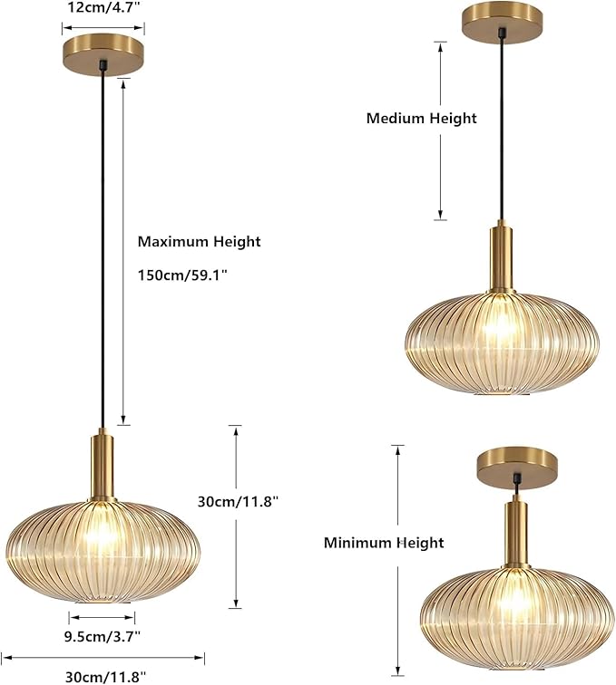 KCO Lighting Modern Gold Globe Pendant Lamp 1-Light Mid Century Antique Brass Dining Pendant Light Amber Glass Farmhouse Pendant Lighting Adjustable Large Vintage Hanging Ceiling Pendant Light