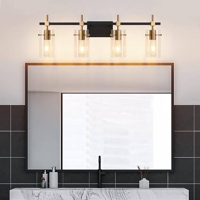 SOLFART Farmhouse Brass Bathroom Vanity Lights fixtures Over Mirror Vintage Bathroom Lighting Wall Sconce with Glass Shade 4 Lights
