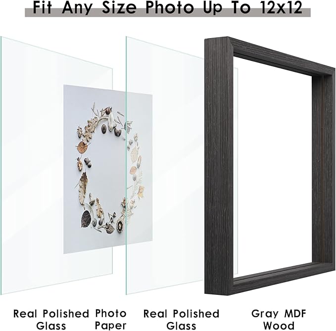 MUYE Square 12x12 Floating Frame in Gray,Double Glass Picture Frame for Wall Mount or Tabletop Standing with Hanging Hardware Included,Display Photo up to 12x12,2 Pack