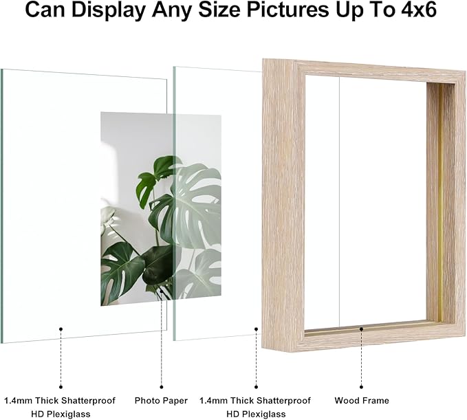 Egofine 4x6 Floating Frames Set of 2, Double Plexiglass Picture Frame, Made of Solid Wood Display Any Size Photo up to 4x6, Wall Mount or Tabletop Standing, Rose Pink