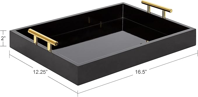 Kate and Laurel Lipton Decorative Modern Rectangular Tray; 16.5 x 12.25; Black and Gold; Chic Serving Tray for Storage; Organization; and Display