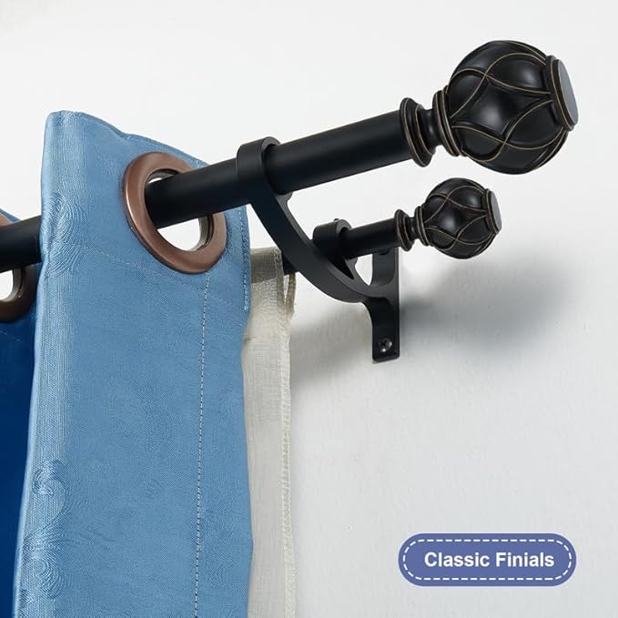 Matte Black Double Curtain Rods, 72 to 144 Inches, Classic Finials, Adjustable 1-Inch Front and 5/8 Inch Back Window Rods