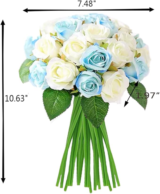 Jasion Artificial Roses Flowers 12 Heads Arrangement Silk Bouquet for Home Office Parties Bridal and Wedding Decoration (Blue and White)