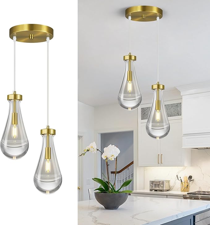 Raindrop Pendant Lights Kitchen Island Teardrop Gold Hanging Light Fixtures Clear Solid Glass Pendant Light Modern Chandeliers for Dining Room Porch Corridor Living Room(2-Light)