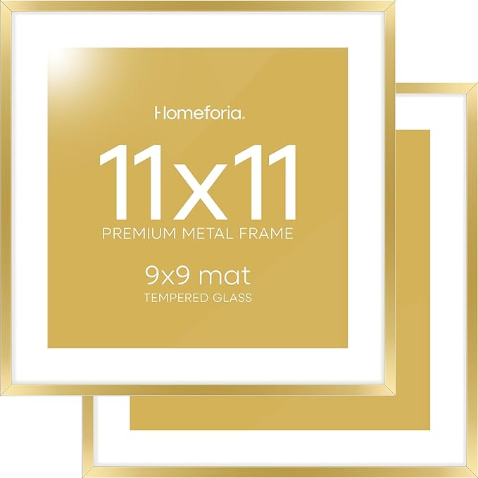 Homeforia 11x11 Picture Frame Gold, High End Metal 11 by 11 Square Frames with Mat 9 x 9 Photo, 11by11 Thin Poster Frame Matted to 9x9 inch Art, Wall Hanging Frames, Tempered Glass, Wall Kit, Set of 2