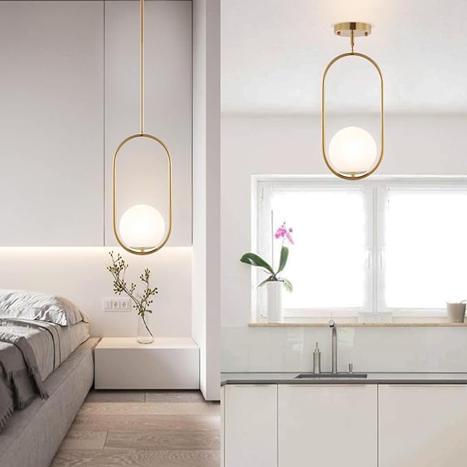 Modern Gold Globe Pendant Light Mid Century Chandelier 1-Light Brushed Brass Ceiling Hanging Lighting Fixture with White Globe Glass Shade for Kitchen Island Dining Room Bedroom