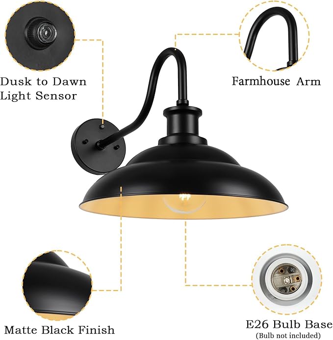 Dusk to Dawn Outdoor Barn Light Fixtures, 16 Inch Dome Large Wall Sconce Farmhouse Exterior Wall Mount Light for House Garage Patio Doorway