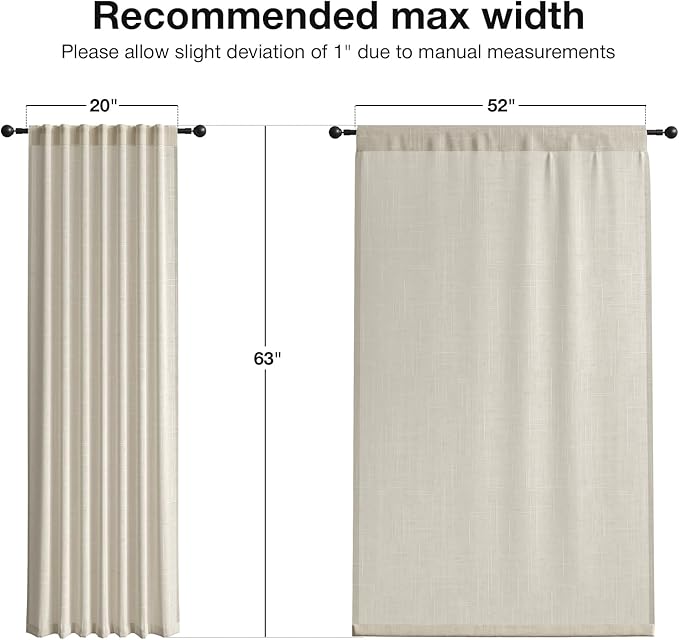 Anmao Natural Linen Curtains for Living Room 63 Inch Length 2 Panels Set, Light Filtering Semi Sheer Window Curtain Drapes for Bedroom with Curtain Rings and Clips, 52 Inch Wide Each Panel, Linen