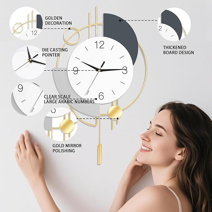 Wall Clock,Silent Quality Quartz Battery Operated with Pendulum, Large Wall Clocks for Living Room, Kitchen, Home, Bathroom, Bedroom Wall Decor, 20x33.5inch(Golden)