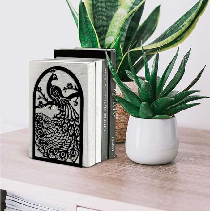 Peacoblue Metal Bookends for Shelves, Modern Decorative Heavy Duty Study Book Support Stoppers for Office, Desk, Shelf, Room 5.3"x4.3"x7.9" Cast Iron Simple Tall Bookends, 1 Pair (Peacock)