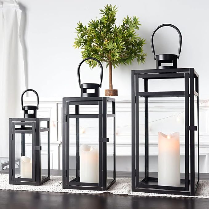 TRIROCKS Stainless Steel Lantern Set of 3 - Assorted Sizes (12/15/19 Inch) - Tall Metal Hanging Lanterns with Clear Glass Panels, Indoor & Outdoor Home Decor for Parties & Events - Black Finish