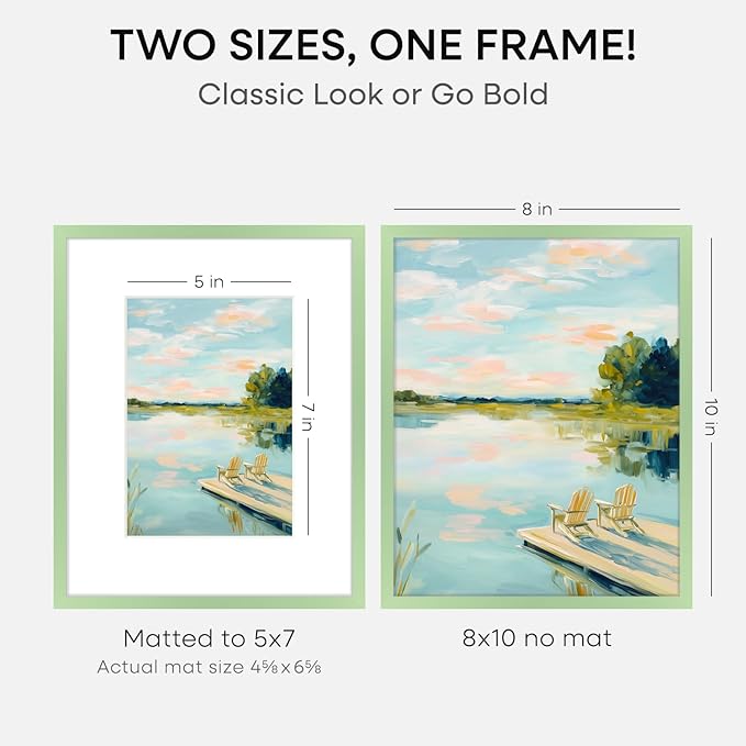 Homeforia 8x10 Picture Frame Sage Green, High End Metal 8 x 10 Poster Frames with Mat 5 by 7 Art, 10x8 Thin Frame Matted to 7x5 Photo, 8by10 Wall or Tabletop Frames, Tempered Glass, Wall Kit, Set of 1