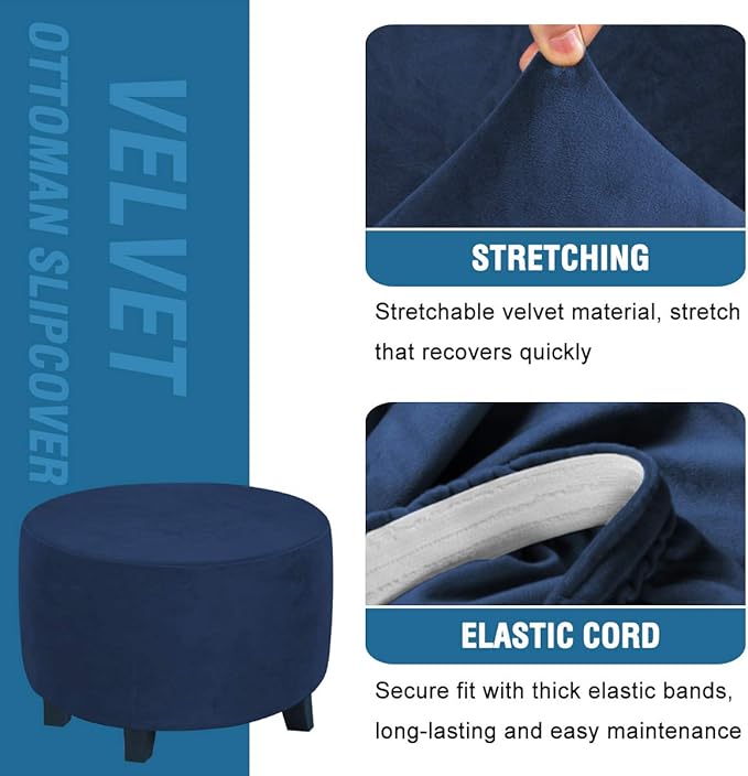 H.VERSAILTEX Round Ottoman Slipcover Ottoman Covers Slipcover Footstool Protector Covers Storage Stool Ottoman Covers Stretch with Elastic Bottom, Feature Real Velvet Plush Fabric (X-Large, Navy)