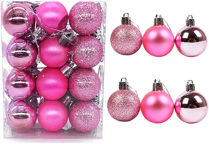 ALIMITOPIA 24pcs Christmas Ball Baubles 1.2 inches Shatterproof Plastic Hanging Balls Pendant for Xmas Tree Decoration (Tiny Size;Pink)