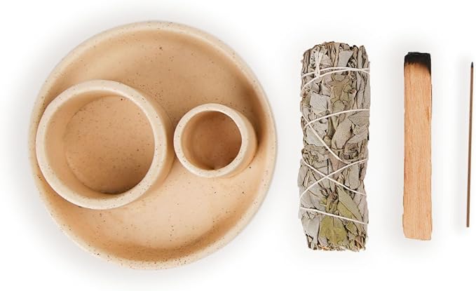 4 in 1 Incense Holder, Ceramic Incense Stick and Palo Santo Holder,Sage Holder for Burning- 4.25" Ceramic Ash Catcher Tray for Meditation and Yoga Room (Sand)