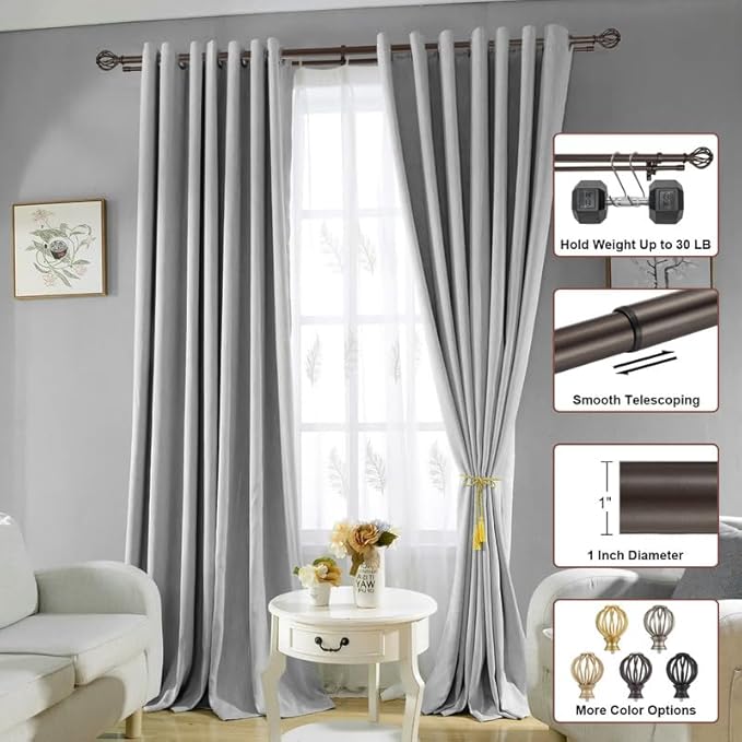 Brown Double Curtain Rods 72-144", Decorative Double Curtain Rods with Round Cage & Barrel Finials, 1-Inch Front and 5/8 Inch Back Double Rod Curtain Rod, Adjustable Double Drapery Rod