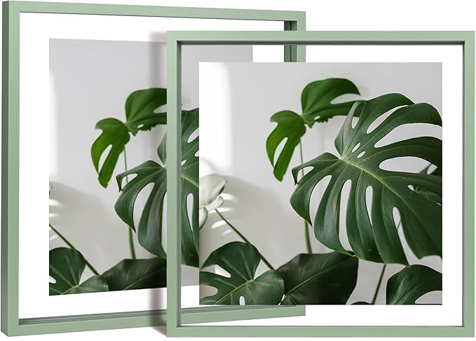 Egofine 12x12 Floating Frames Set of 2, Double Plexiglass Picture Frame, Made of Solid Wood Display Any Size Photo up to 12x12, Wall Mount or Tabletop Standing, Green