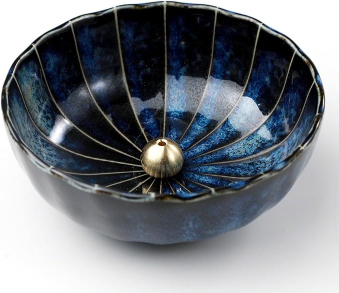 Asayu Japan Lotus Incense Holder for Sticks 4.1 inch (105 mm), Traditional Made in Japan Ceramic Ash Catcher and Brass Incense Burner Set - Navy Dark Blue Lotus