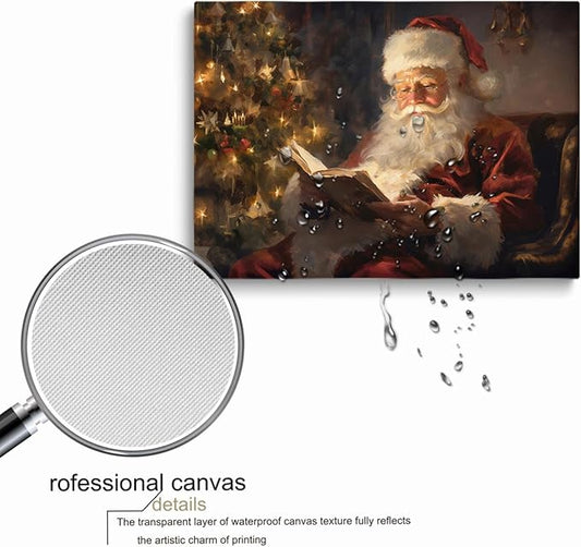 Victorian Christmas Canvas Wall Art,Vintage Painting of Santa Claus Reading a Book Under Christmas Tree, Winter Holiday Print, Holiday Season,Christmas Library Reading Room Decor24x36inch Unframed
