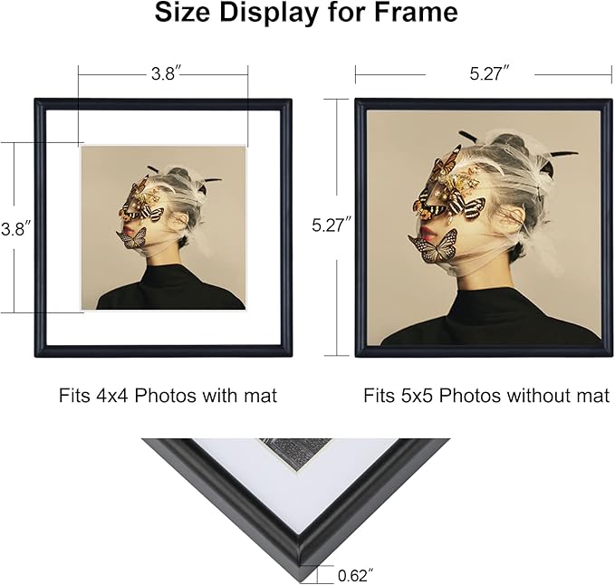 5x5 Picture Frame Set of 4, Matted Black Simple Modern Brushed Thin Aluminum Metal Square Photo Frame Fits 4x4 with Mat or 5 x 5 without Mat Display For Tabletop or Wall Collage