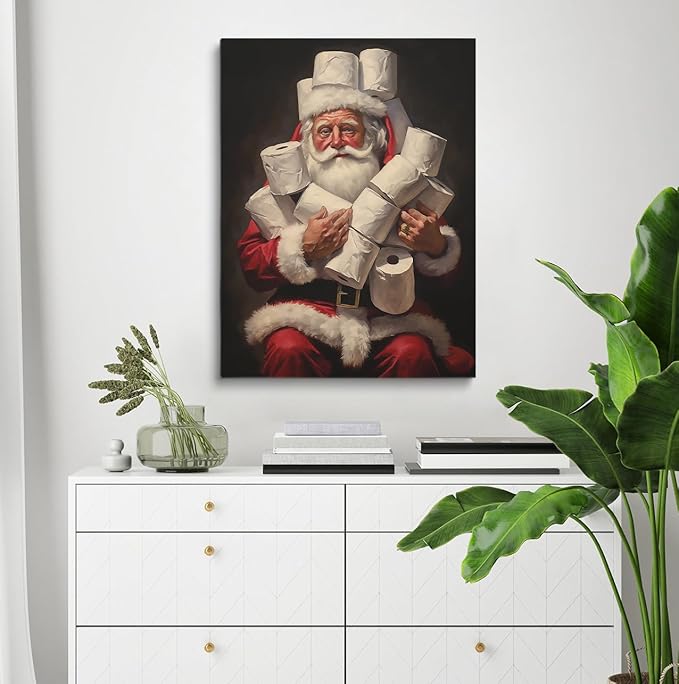 Santa Bathroom Decor, Christmas Decor, Holiday Decor, Christmas Painting, Toilet Humor Decor, Funny Toilet Poster, Santa Toilet Rolls, Santa Decor 16x20inch Framed Art