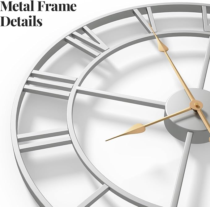 Cuspin Extra Large Wall Clock 36 Inch Silver Wall Clocks for Living Room, Modern Decorative Metal Wall Clock Battery-Operated Completely Silent Non Ticking Roman Numeral Analog Round Clock