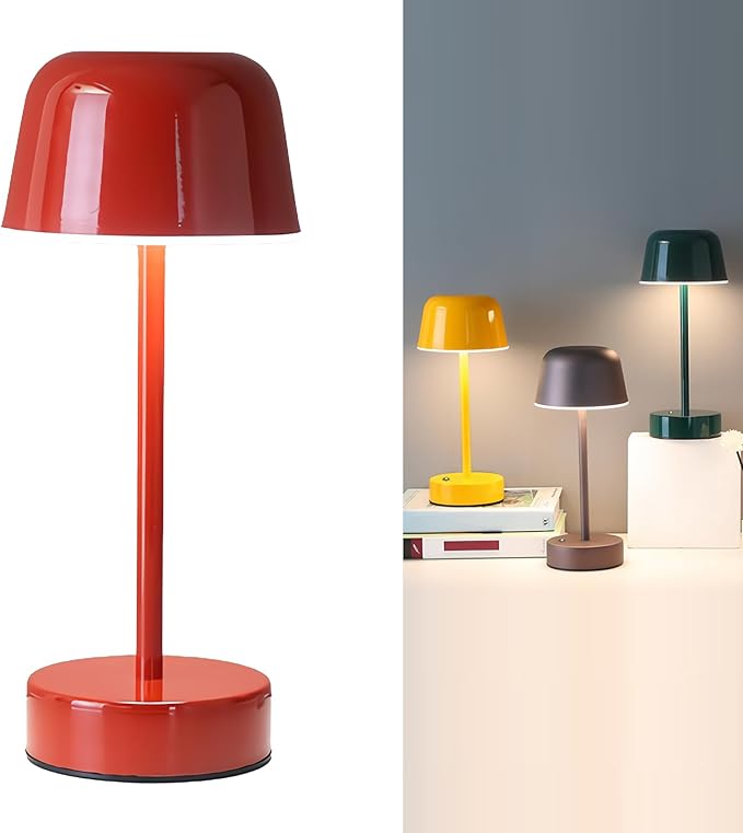 Rechargeable Cordless Mushroom Small Table Lamp, with USB Port Touch 3 Color Dimming, Temperatures 2700K 3500K 5000K, for Bedroom, Living Room, Dining Table Lamps (red)
