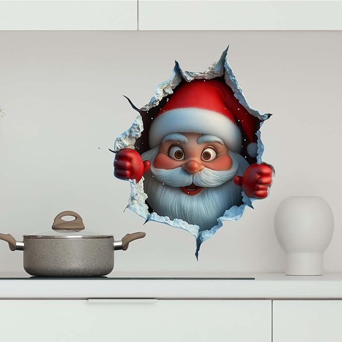 Christmas Creative Wall Sticker, 2026 New 3D Wall Breaking Santa Claus Sticker, Removable Xmas Holiday Decals for Walls, Festive Living Room Decor for Home Door Window (2 PCS)