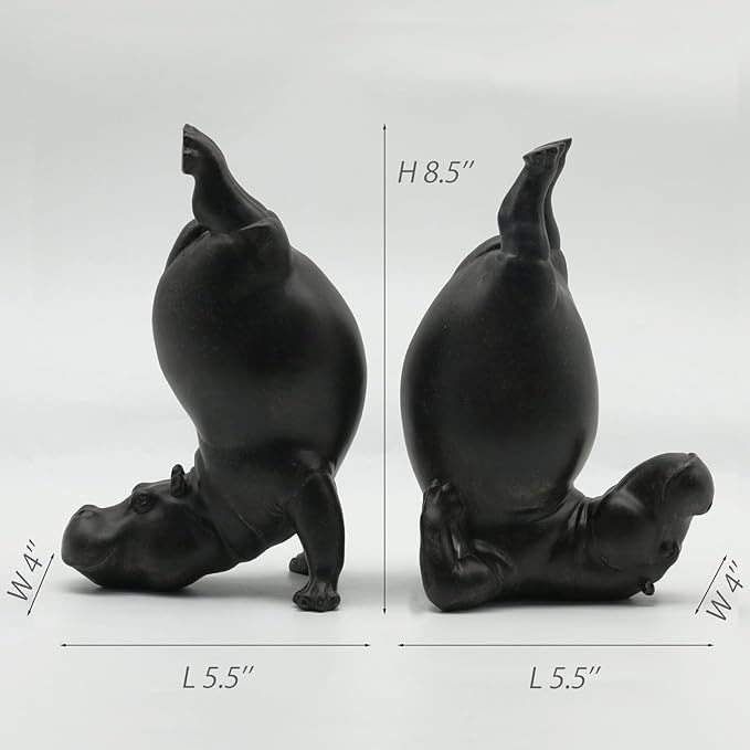 Lukitas Upside Down Hippo Decorative Bookends, Non-Slip Book Holders, Whimsical Animal Ornaments for Office Home Bookshelf Decor, Black, Resin 8.5''
