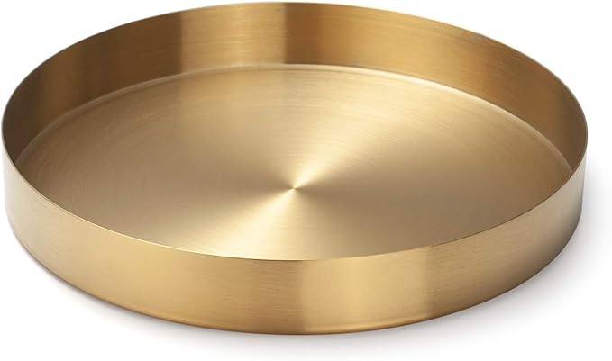 Round Gold Tray Stainless Steel Jewelry, Make up, Candle Plate Decorative Tray (8.6 inches)