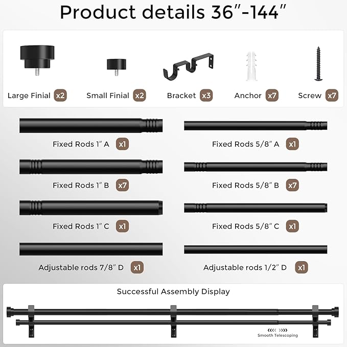 Double Curtain Rod, 1 Inch Black Extra Long Dual Curtain Rods 72 to 144 Inch with Aluminium Modern End Cap Finial, Adjustable Heavy Duty Window Treatment Rods, Telescopic Metal Double Drapery Pole Set