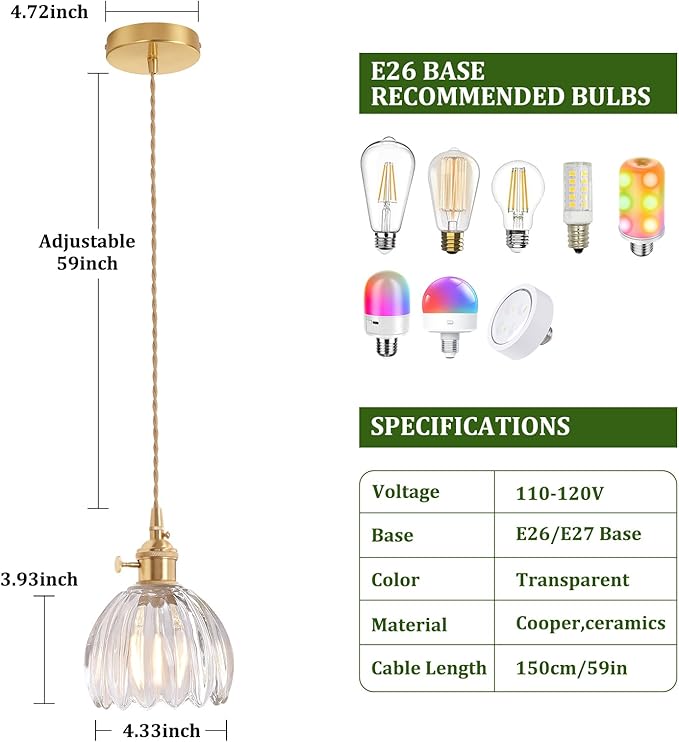 Pendant Light with Clear Tulip Glass Lmapshade, Brass Vintage Pendant Light Adjustable Hanging Light for Kitchen Island Dining Room Hallway