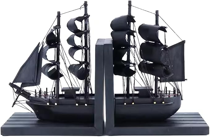 Wooden Ship bookends The Black Pearl Pirate 10" Prebuilt Caribbean Coastal Sailboat Decor Nautical Gift for Enthusiasts