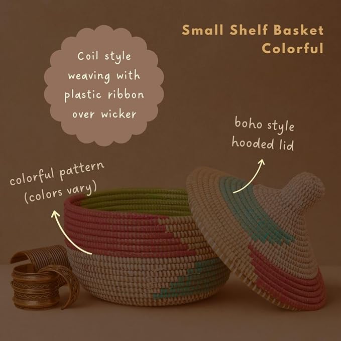 Small Colorful Decorative Basket with Lid, Round Storage Box, Shelf Basket, Entryway Keys Wallet Bin, Boho Decor, Memory Keepsake Box for Photos, Remotes Holder, 12" Wide