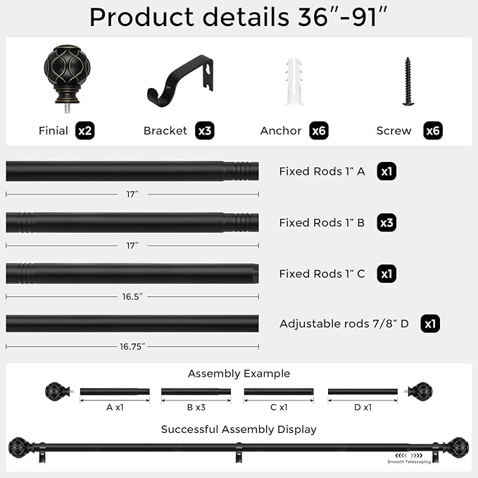 Black Curtain Rod, Heavy Duty 1 Inch Decorative Curtain Rods for Windows 48 to 84 Inch, Single-Side Adjustable Vintage Rustic Matte Black Drapery Pole Set with Boho Netted Texture Finials