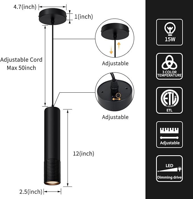 OKELI Black Pendant Light,LED Modern Pendant Lights Fixtures,3 Color Pendant Lighting for Kitchen Island, Bar,15W,2700K-6000K,ETL